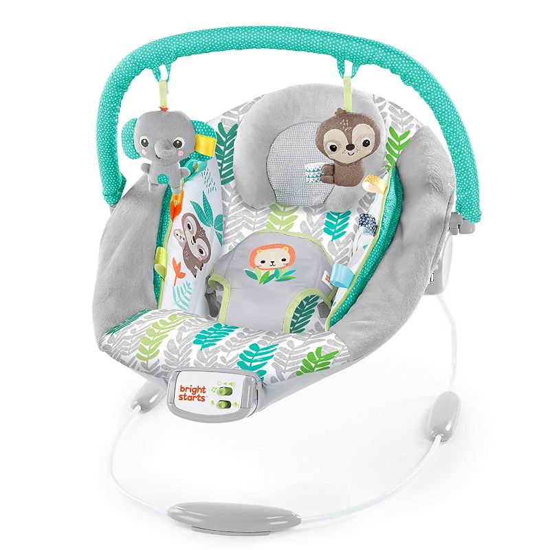 Photo 1 of Bright Starts Jungle Vines Comfy Baby Bouncer and Vibrating Infant Seat with Taggies & Elephant and Sloth Plush Baby Toys
