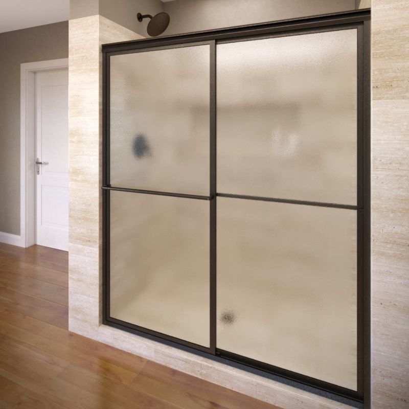 Photo 1 of Basco Deluxe Framed Sliding Shower Door, 56x28,  Clear Glass, Oil Rubbed Bronze Finish - Dirty / Paint melt on glass
