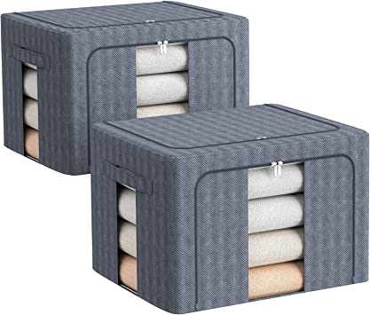Photo 1 of 2 Pack Clothes Storage Bins - Large Capacity Foldable Metal Oxford Frame Storage Box Stackable Fabric Box Organizer Set with Carrying Handles and Clear Window (Blue, 19.7x15.7x12.6inch(66L))
