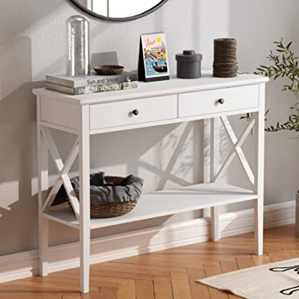 Photo 1 of ChooChoo Oxford Console Table with 2 Drawers, Sofa Table Narrow for Entryway, White
