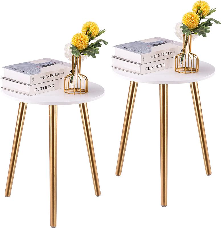 Photo 1 of Apicizon Round Side Table Set of 2, White Nightstand Coffee End Table for Living Room, Bedroom, Small Spaces, Easy Assembly Boho Side Table Home Decor Bedside Table with Wood Legs 16.5 Inch (Gold)  +++ FACTORY SEALED ITEM +++
