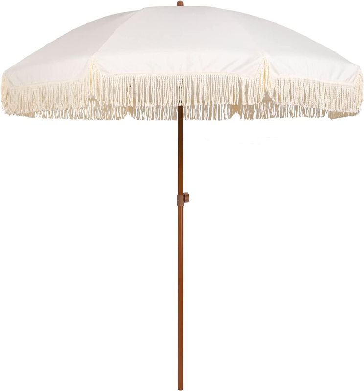 Photo 1 of 
AMMSUN 7ft Patio Umbrella with Fringe Outdoor Tassel Umbrella UPF50+ Wood Color Steel Pole and Steel Ribs Push Button Tilt,White Cream