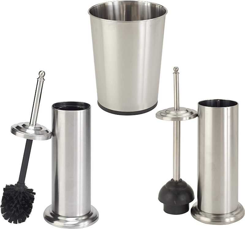 Photo 1 of Bath Bliss Bathroom Accessories 3 Piece Trash Can, Plunger & Toilet Brush Combo Bath Set, Stainless Steel Silver (AZ-120001-SS)