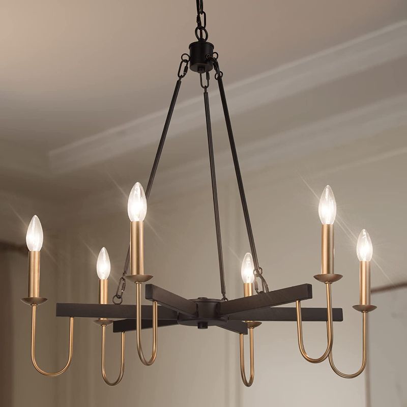 Photo 1 of 
Durent Lighting Modern Chandelier, 28" Large Dining Room Chandelier Light Fixture, 6-Light Black and Gold Chandelier, Wagon Wheel Ceiling Lighting...