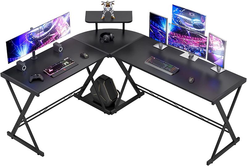 Photo 1 of GreenForest L Shaped Gaming Desk Large Size Reversible Corner Computer Desk 64 inch with Large Monitor Stand and CPU Stand, Home Office Study Writing Desk Workstation, Space Saving, Black
