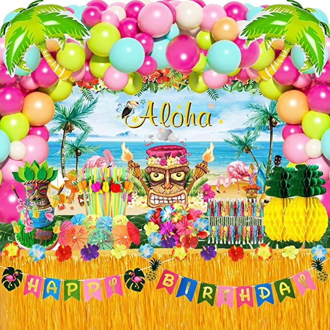 Photo 1 of 
161Pcs Hawaiian Luau Party Decorations Pack, Tropical Beach Themed Summer Pool Party Supplies Including Aloha Backdrop, Flamingo Birthday Banner, Grass...