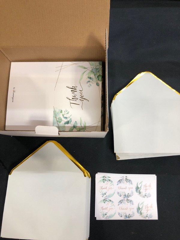 Photo 2 of 100 Pack Greenery Thank You Cards, 4x6 Gold Foil Eucalyptus Wedding Cards Blank Thank You Notes with Envelopes Bulk for Baby Shower Bridal Birthday Business