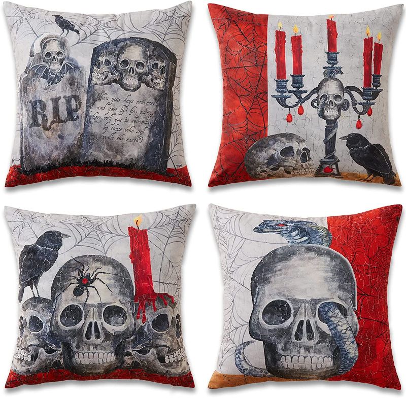 Photo 1 of 4 Pcs Halloween Pillow Covers 18" x 18", Skeleton Skull Pillow Cases, Cushion Cover, Hugging Pillow Cover, Halloween Decorations for Sofa, Bed, Car
