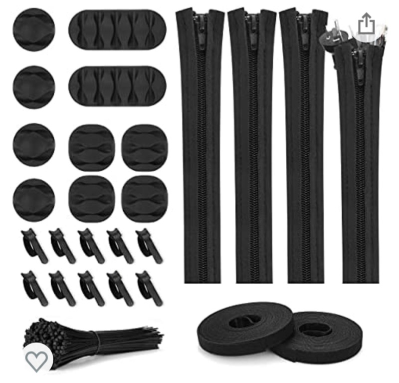 Photo 1 of 126pcs Cord Management Organizer Kit 4 Cable Sleeve with Zipper,10 Self Adhesive Cable Clip Holder,10pcs and 2 Roll Self Adhesive tie and 100 Fastening Cable Ties for TV Office Home etc (Black)