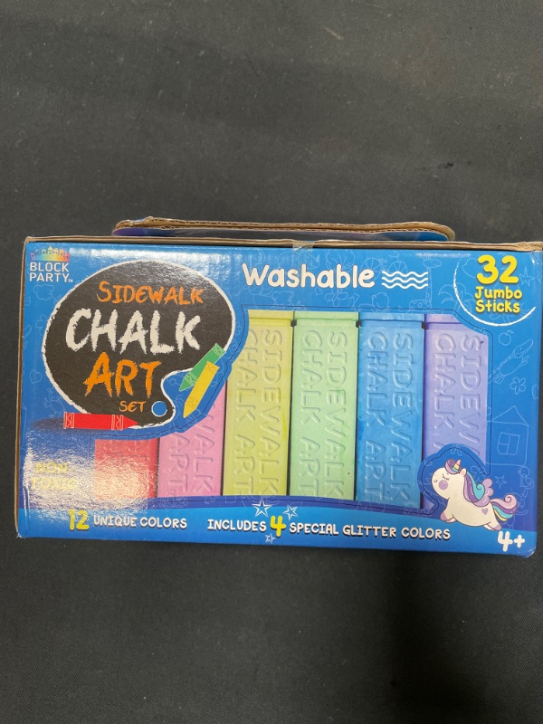 Photo 3 of Block Party Sidewalk Chalk 32-Piece Art Set - BIG BOLD Colors Includes 4 Glitter Chalk That Sparkle, Square Non-Roll Kids Chalk, Washable