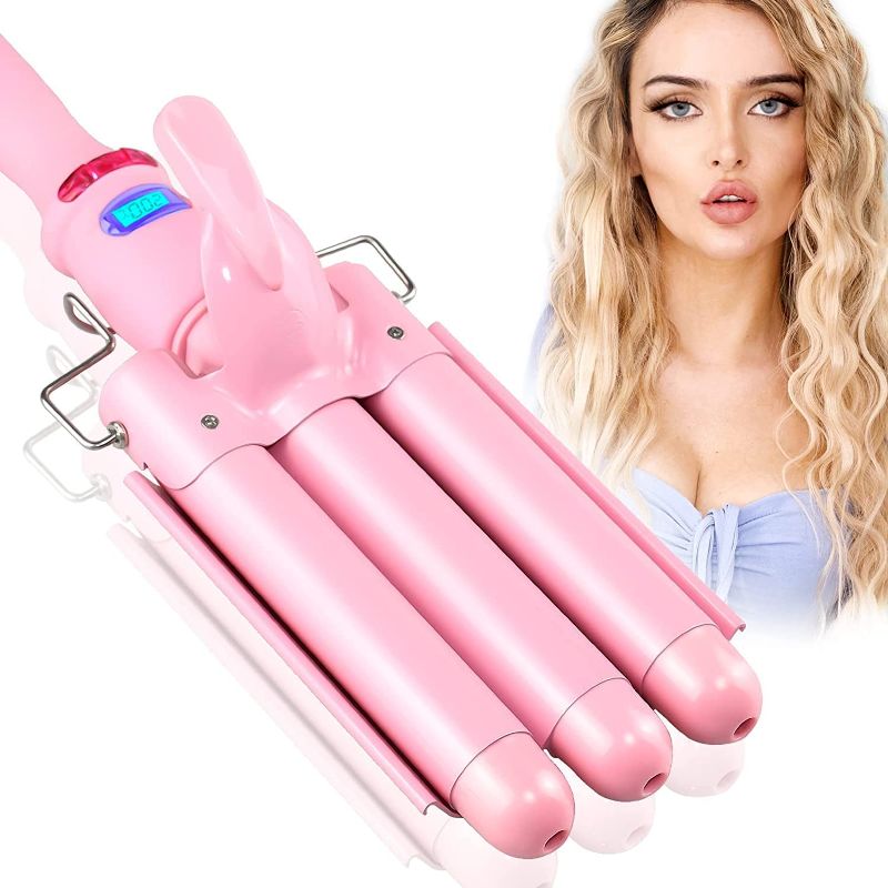 Photo 1 of 3 Barrel Curling Iron Wand Dual Voltage Hair Crimper with LCD Temp Display - Triple Barrels Temperature Adjustable Portable Hair Waver Heats Up Quickly (1 Inch, Light Pink)

