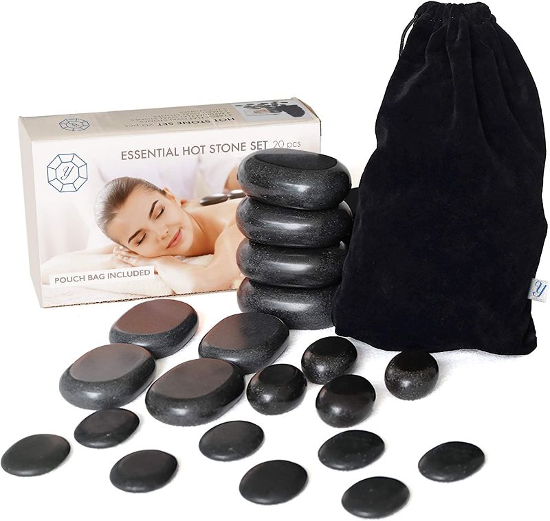 Photo 1 of YOMMI Hot Stones for Massage Premium Set Basalt Rocks Spa Professional Essential Kit Relaxing Healing Pain Relief Black Smooth Stone, Storage Pouch Bag Included (Essential Set 20pcs)
