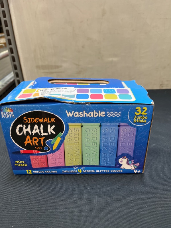 Photo 2 of Block Party Sidewalk Chalk 32-Piece Art Set - BIG BOLD Colors Includes 4 Glitter Chalk That Sparkle, Square Non-Roll Kids Chalk, Washable
