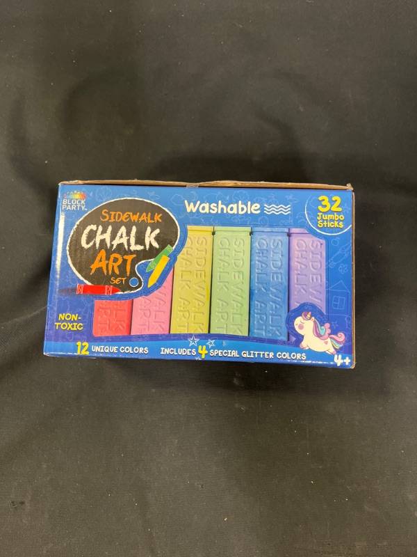 Photo 2 of Block Party Sidewalk Chalk 32-Piece Art Set - BIG BOLD Colors Includes 4 Glitter Chalk That Sparkle, Square Non-Roll Kids Chalk, Washable
