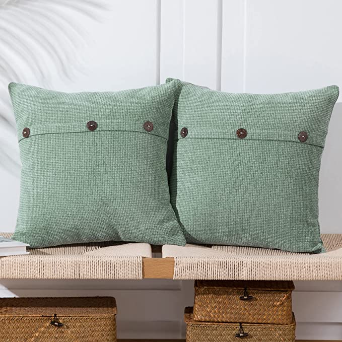 Photo 1 of Anickal Aqua Green Pillow Covers 16x16 Inch with Triple Buttons Set of 2 Chenille Rustic Farmhouse Decorative Throw Pillow Covers Square Cushion Case for Home Sofa Couch Decoration
