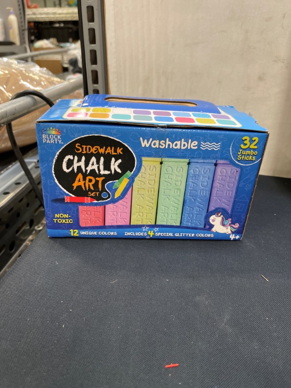 Photo 2 of Block Party Sidewalk Chalk 32-Piece Art Set - BIG BOLD Colors Includes 4 Glitter Chalk That Sparkle, Square Non-Roll Kids Chalk, Washable
