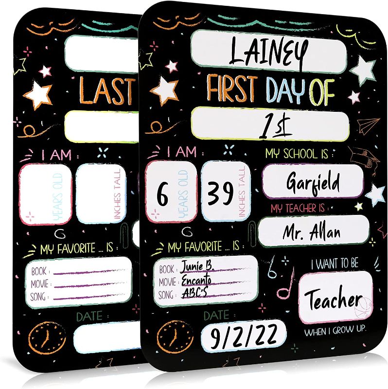 Photo 1 of Beautiful First and Last Day of School Board Signs Set of 12 - Reversible 12" x 9" Back to School Cards for Lasting Memories - Perfect Photo Prop Chalkboard Prints for Kindergarten or School
