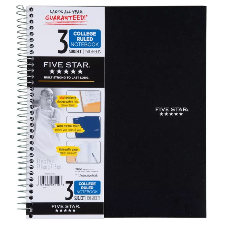 Photo 1 of 6ct Case- Five Star 3 Subject College Ruled Spiral Notebook (Colors May Vary)

