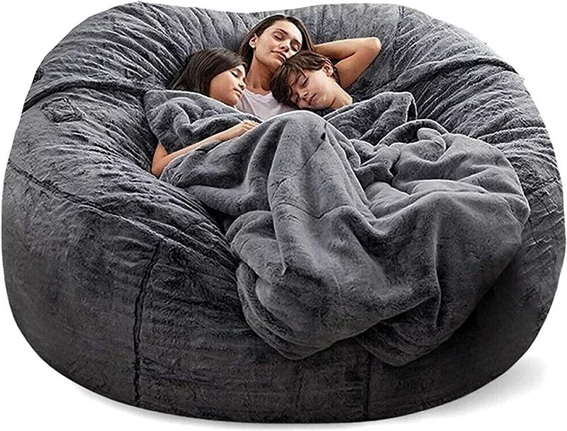 Photo 1 of Bean Bag Chairs, Giant Bean Bag Cover, Soft Fluffy Fur Bean Bag Chairs for Adults (Cover ONLY, NO Filler) 7ft Dark Grey Big Bean Bag Bed Oversized Lazy Bean Bag Couch