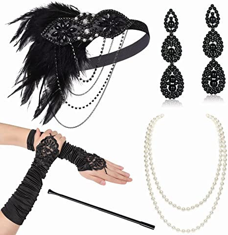 Photo 1 of BABEYOND 1920s Flapper Accessories Gatsby Costume Accessories Set 20s Flapper Headband Pearl Necklace Gloves Plastic Holder