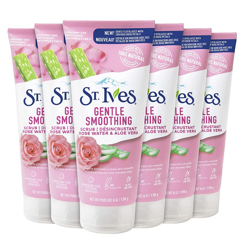 Photo 1 of St. Ives Gentle Smoothing Face Scrub Our Gentlest Scrub Yet Rose Water & Aloe Vera Made with 100% Natural Exfoliants, Paraben Free, Oil-Free, Dermatologist Tested, ROSEWATER & ALOE VERA ,  6 oz 6 Count
