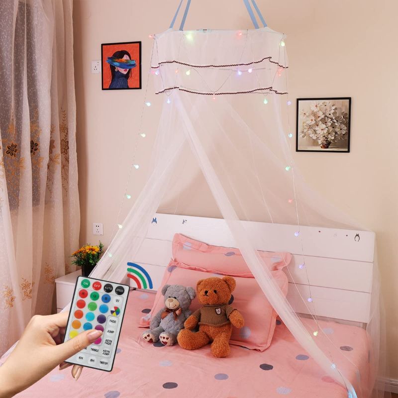 Photo 1 of Bed Canopy for Girls Room with LED Lights.LSHX Princess Canopy for Girls Bed Fire Retardant Encrypted Fabric.Full Bed Netting White