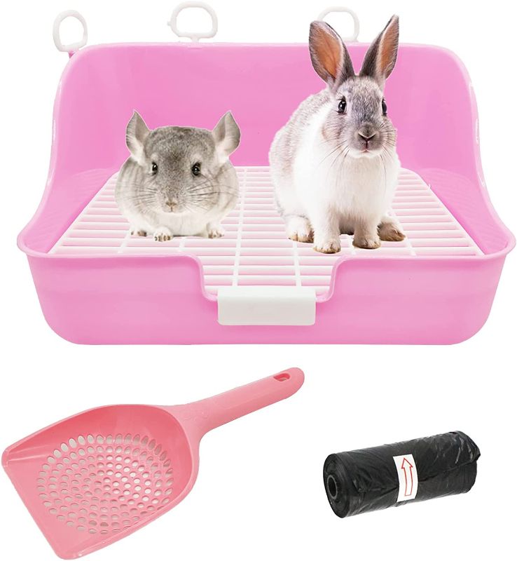 Photo 1 of kathson Rabbit Litter Box Toilet Small Animal Corner Litter Pan with Grate Plastic Cage Box Pet Pan Ideal for Rabbit Bunny Chinchilla Ferret Guinea Pig Hamster (Pink)