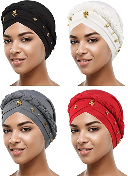 Photo 1 of 4 Pieces African Women Turban Cap Beaded Headscarf Beanie Twisted Braid Wrap Hat Faux Pearl Headwrap