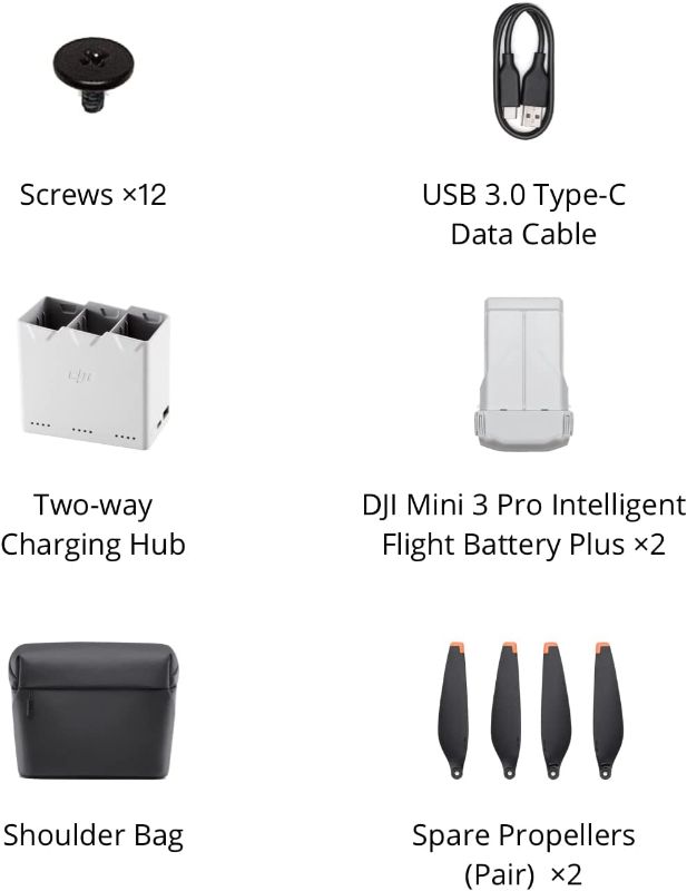 Photo 2 of DJI Mini 3 Pro Fly More Kit Plus, Includes Two Intelligent Flight Batteries Plus, a Two-Way Charging Hub, Data Cable, Shoulder Bag, Spare propellers, and Screws