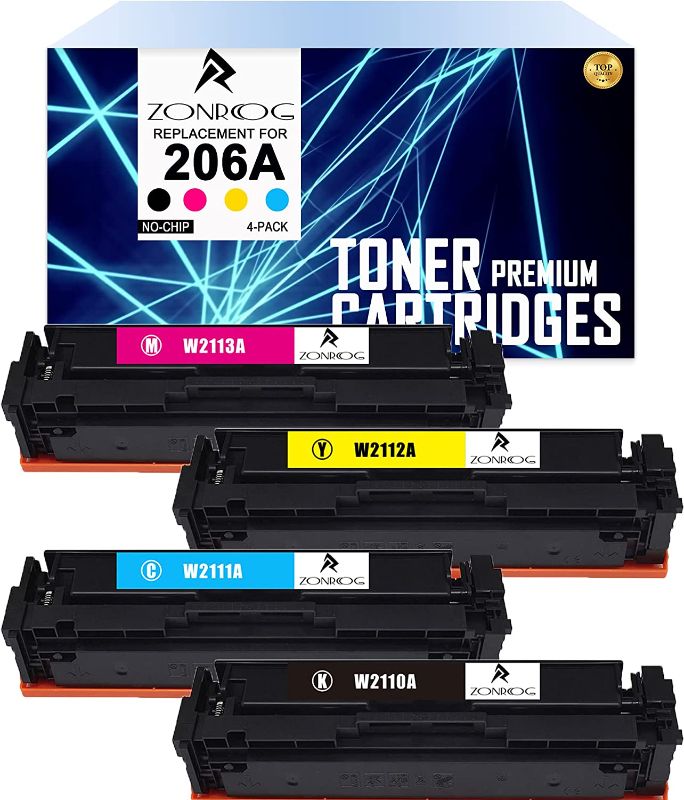 Photo 1 of ZONRCOG 206A Toner Cartridges Replacement for HP 206A Toner Cartridges W2110A 206X Compatiable with HP Color Laserjet Pro M255dw MFP M283fdw M282nw M283 M283cdw M255 Printer K C M Y (No Chip,4-Pack)