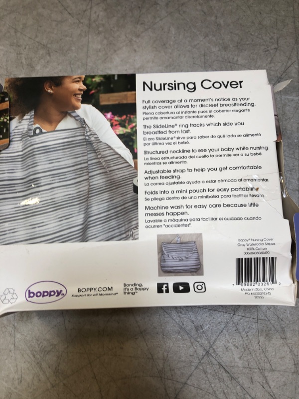 Photo 3 of Boppy Nursing Cover for Breastfeeding | Gray Watercolor Stripes | Apron Style with Compact Integrated Storage Pocket | Neckline to See Baby While Feed