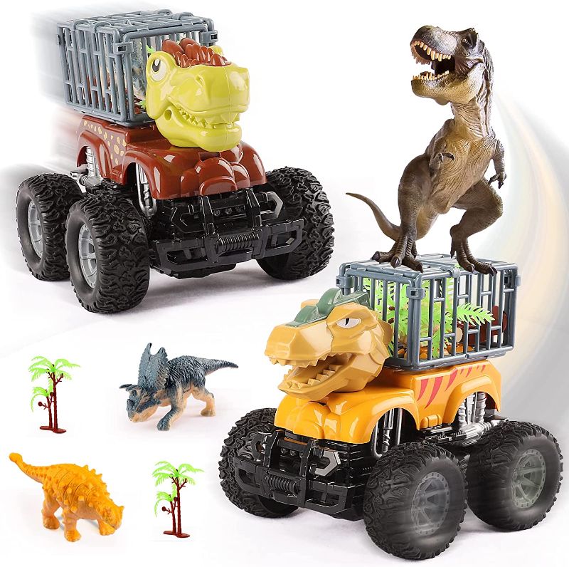 Photo 1 of Dinosaur Toy Cars for 2-5 Year Old Boys Girls, Toddler Pull Back Cars, Pull Back Cars Dino Truck Vehicles Toys Sets for Kids, 2 Pack Double-Directions Friction Powered Cars Sets for Birthday Gifts