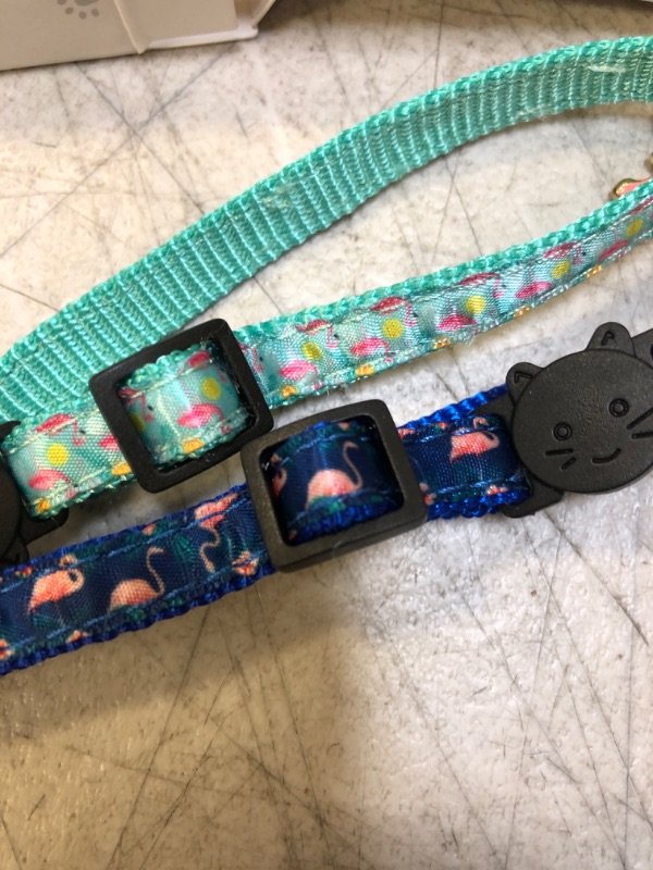 Photo 2 of 2 COUNT Giecooh Breakaway Cat Collar with Bells, 2 Pack Adjustable Pendant Safety Kitten Collars , BLUE & GREEN W/ PINK FLAMINGOS 