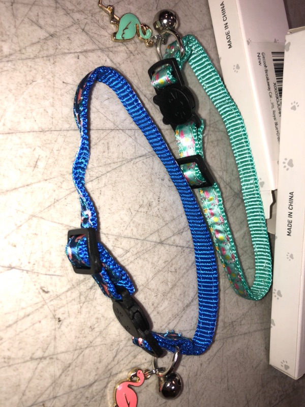 Photo 1 of 2 COUNT Giecooh Breakaway Cat Collar with Bells, 2 Pack Adjustable Pendant Safety Kitten Collars , BLUE & GREEN W/ PINK FLAMINGOS 