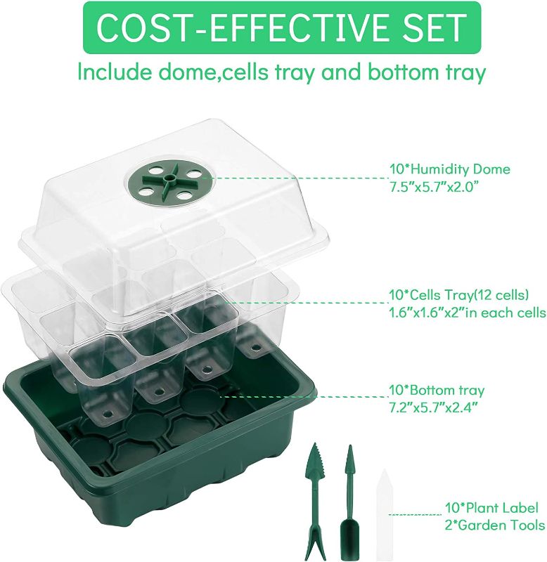 Photo 2 of Ahomdoo 10 Pack Seed Starter Tray, Humidity Adjustable Plant Germination Trays with 120 Cells, Seed Starting Trays and Base Mini Greenhouse Germination Kit for Seeds
