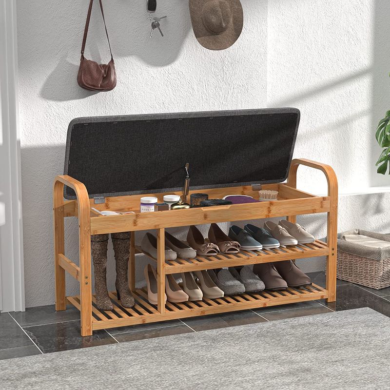 Photo 1 of Bamboo Storage Shoe Rack Bench with Hidden Storage Underseat, Entryway Bench with Handle and Flip-up Cushion for Bathroom, Entryway, Hallway, Bedroom and Mudroom (40“ L)
