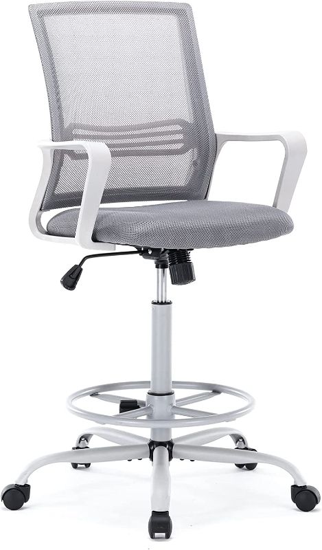 Photo 1 of AFO Tall Office Drafting Chair with Ergonomic Lumbar Support, Armrests and Adjustable Foot Ring Breathable Mesh, Comfortable Padded Seat Cushion, for Standing Desk, Grey
