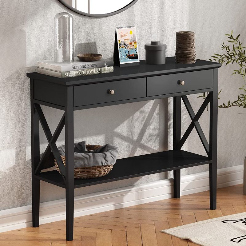 Photo 1 of ChooChoo Oxford Console Table with 2 Drawers, Sofa Table Narrow for Entryway, Black
