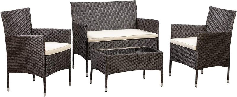 Photo 1 of Amazon Basics Outdoor Patio Garden Faux Wicker Rattan Chair Conversation Set with Cushion - 4-Piece Set, Brown