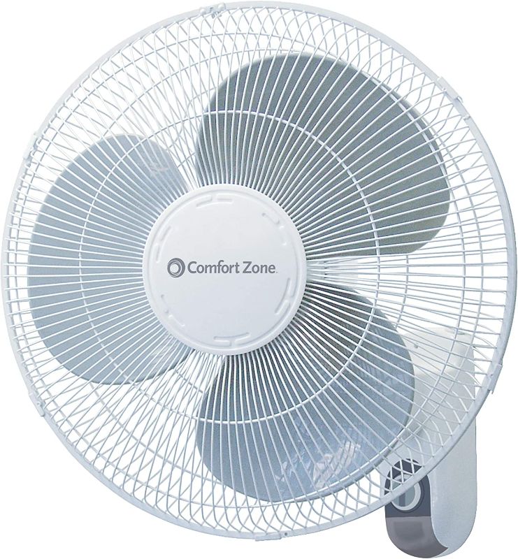 Photo 1 of Comfort Zone CZ16W 16” 3-Speed Oscillating Wall-Mount Fan with Adjustable Tilt, Metal Grille, 90-Degree Oscillation, White
