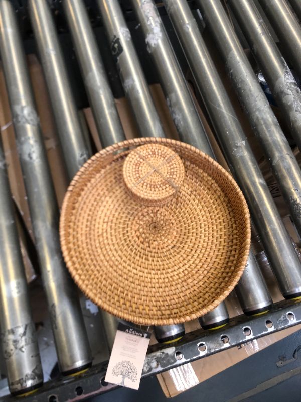 Photo 2 of 13.8 inch Rattan Tray, Round Wicker Tray with Cut-Out Handles, Woven Serving Tray for Dining / Coffee Table
 