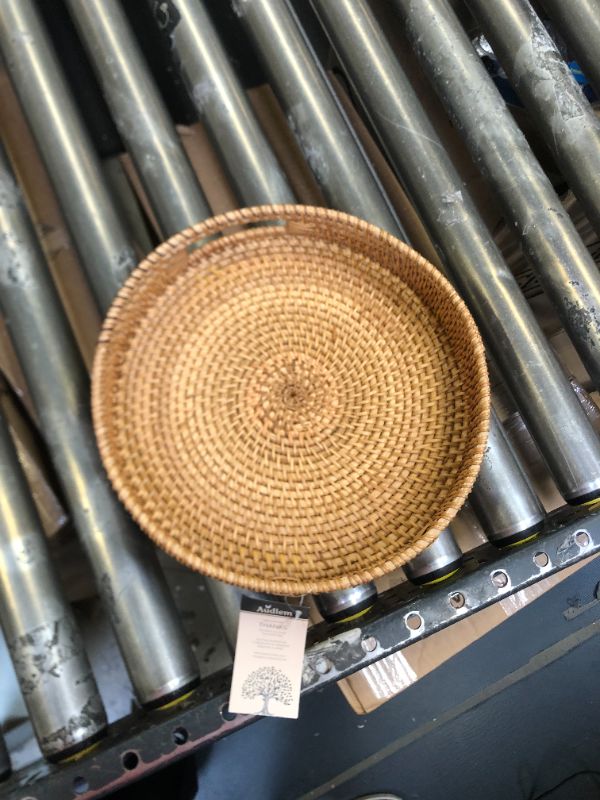 Photo 3 of 13.8 inch Rattan Tray, Round Wicker Tray with Cut-Out Handles, Woven Serving Tray for Dining / Coffee Table
 