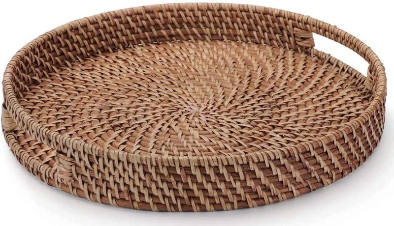 Photo 1 of 13.8 inch Rattan Tray, Round Wicker Tray with Cut-Out Handles, Woven Serving Tray for Dining / Coffee Table
 