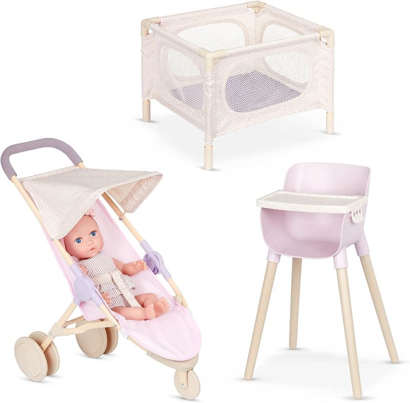 Photo 1 of BABI by Battat – Doll Nursery Playset Playpen, High Chair,Jogger Stroller Accessories 14-inch Baby Girl Medium-Light Skin Tone Bright Blue Eyes & Removable Outfit Children’s Toys for Ages 2+
