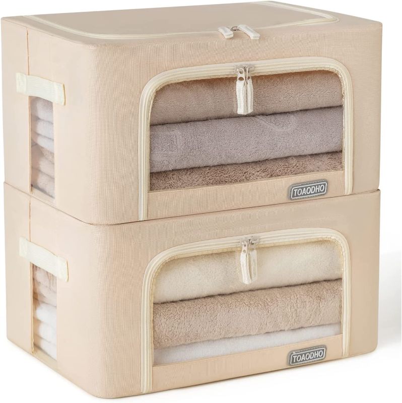 Photo 1 of 2 Pack Frame Storage Box - Clothes Storage Bin Bags Oxford Fabric Foldable Stackable Container Organizer Set with Clear Window & Carry Handles Large Capacity (Beige, Large-66L)
