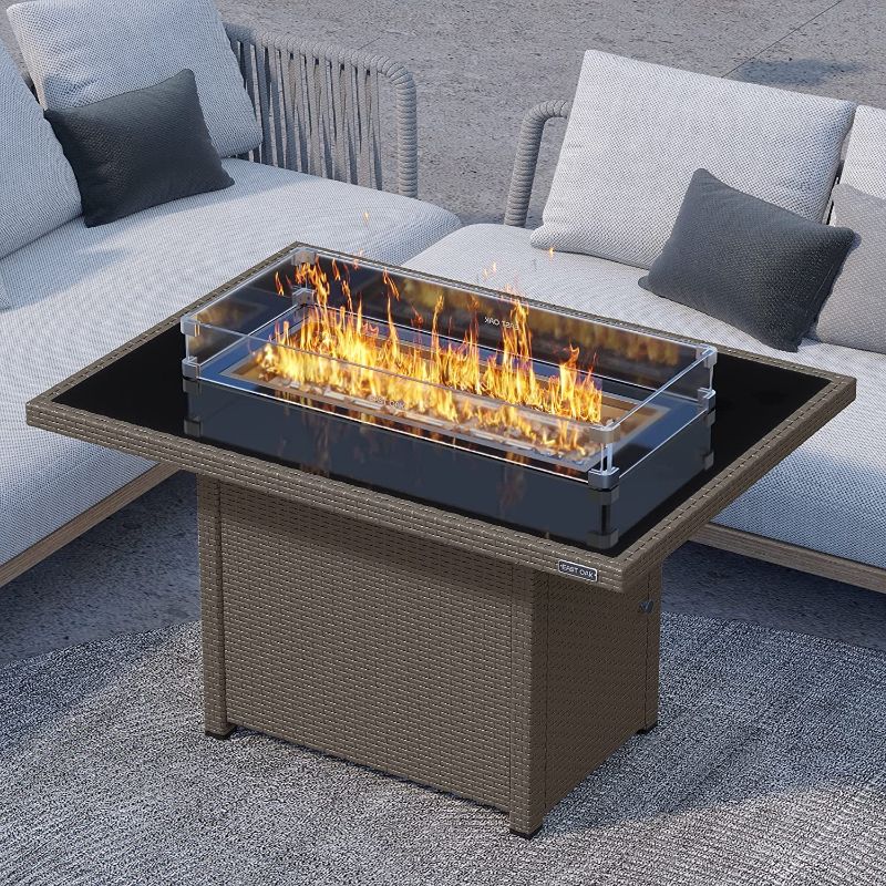 Photo 1 of EAST OAK 44'' Propane Fire Pit Table, 60,000 BTU Gas Fire Table w/Aluminum Frame, H Type Burner and Tempered Glass Tabletop, CSA Listed Outdoor Patio Firepit with Wind Guard, Fire Glass and Lid, Brown---------BOX 2 OF 2 ONLY HAS GLASS PARTS
