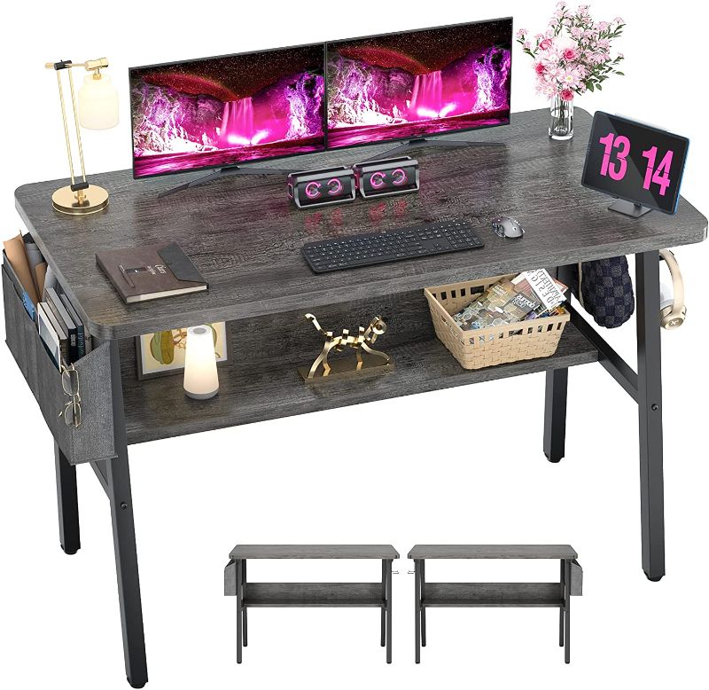 Photo 1 of Armocity Computer Desk, 48 Inch Modern Desk with Bookshelves, 48'' Office PC Laptop Table with Storage Bag, Grey Study Writing Desk with Iron Hooks, Sturdy Desk for Home Office Workstation, Gray
