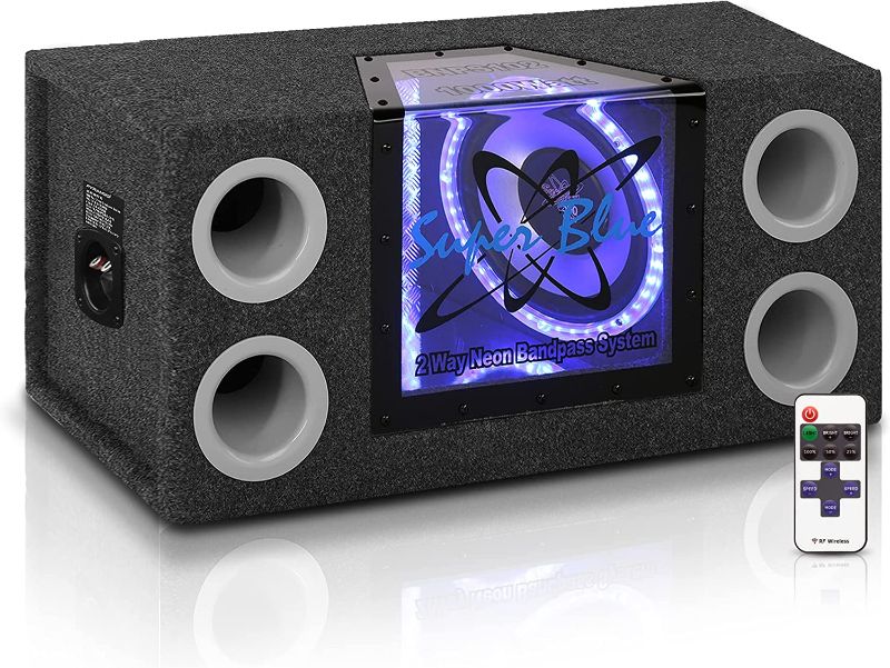Photo 1 of 12" 1200W Car Audio Subwoofer - 2 Way Neon Bandpass Speaker System w/ Blue Lights, DC 12V Input/4 Ohm/32Hz-1KHz Freq.Res w/ Plexi-Glass Front Window & Silver Polypropylene Cone - Pyramid BNPS122
USED OUT OF BOX ITEM