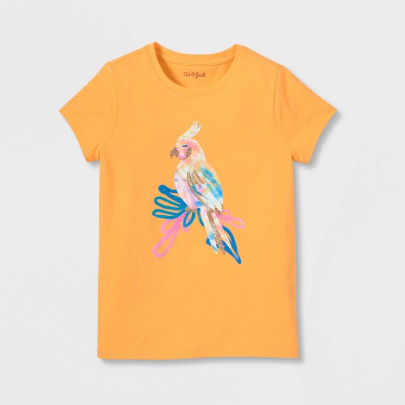 Photo 1 of 2 PK Girl' Tropical Bird Hort Leeve Graphic T-hirt - Cat & Jack™--Girl' Triped Hort Leeve Pocket T-hirt - Cat & Jack™- SIZE S

