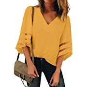 Photo 1 of luvamia Women's Casual V Neck Blouse 3/4 Bell Sleeve Mesh Panel Shirts Loose Top MEDIUM
